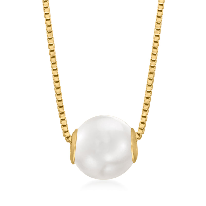 Cultured pearl necklace with round white pearl pendant and 14kt yellow gold link chain