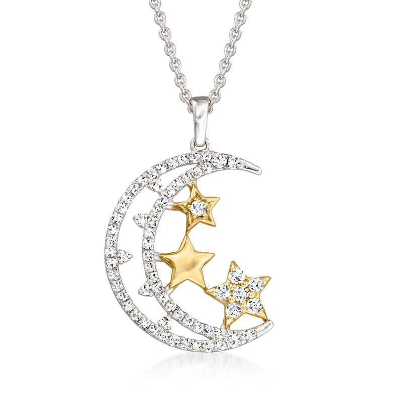 Two-tone sterling silver crescent moon and stars diamond pendant necklace