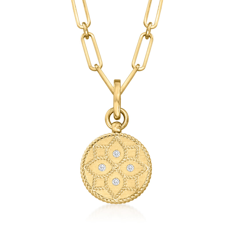 Yellow gold paper clip link necklace with round medallion pendant and diamond accents