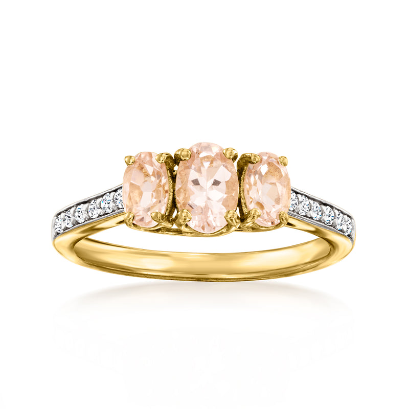 14kt yellow gold ring with three oval morganite stones and diamond side accents