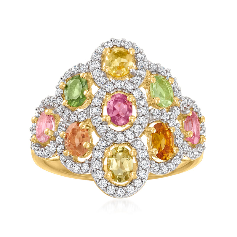 18kt gold over sterling ring with oval multicolored gemstones and white stone halos