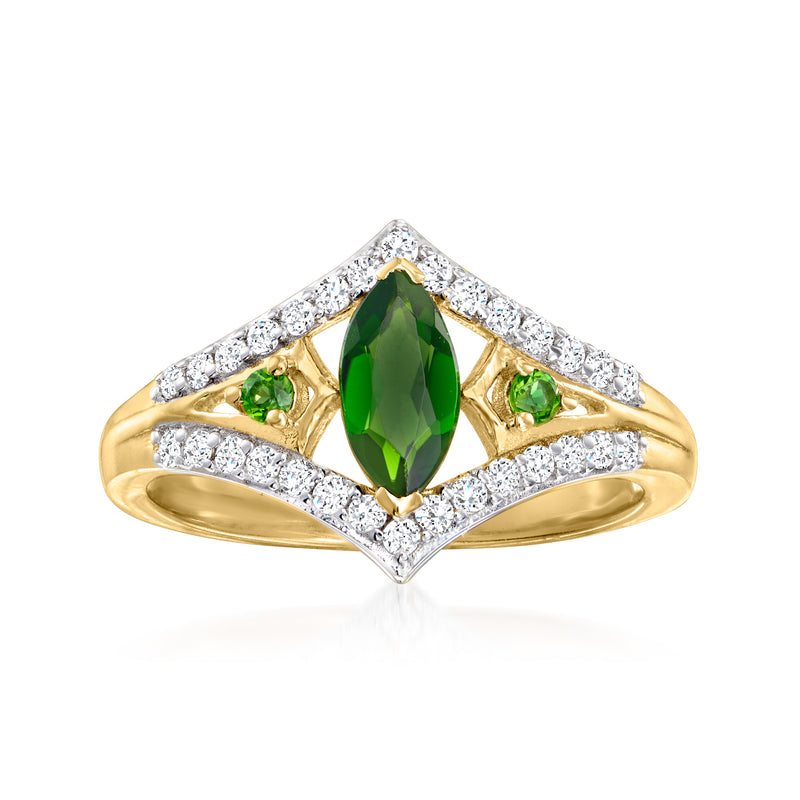 18kt gold over sterling ring with green diopside center and white zircon accents