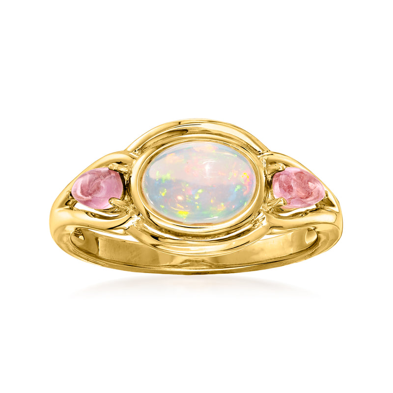 Gold over sterling oval opal ring with pink tourmaline side stones