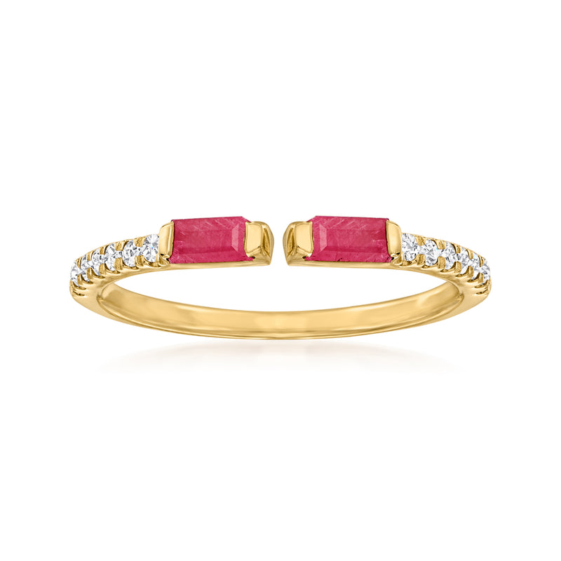 14kt yellow gold cuff ring with two ruby bars and diamond shoulders