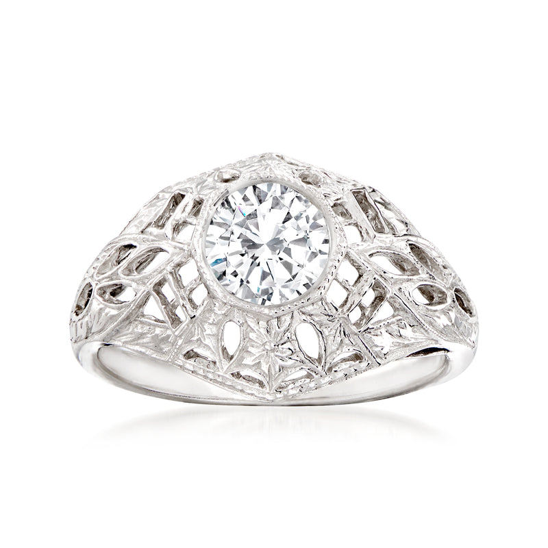 Vintage diamond filigree ring in 14kt white gold, round center stone with lattice detail