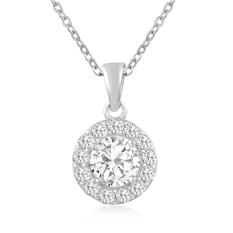 Sterling silver moissanite halo pendant necklace with round center stone