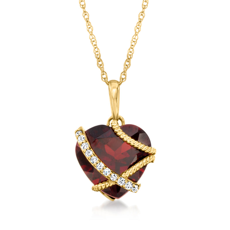 14kt yellow gold heart pendant necklace with red garnet and diamond accents
