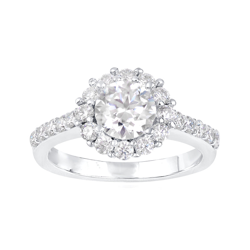 Moissanite halo ring in sterling silver with round center stone and pavé band