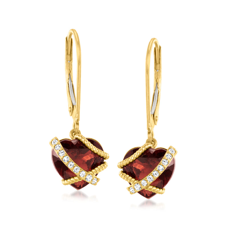 Heart drop earrings in yellow gold with garnet hearts and diamond accents, leverback