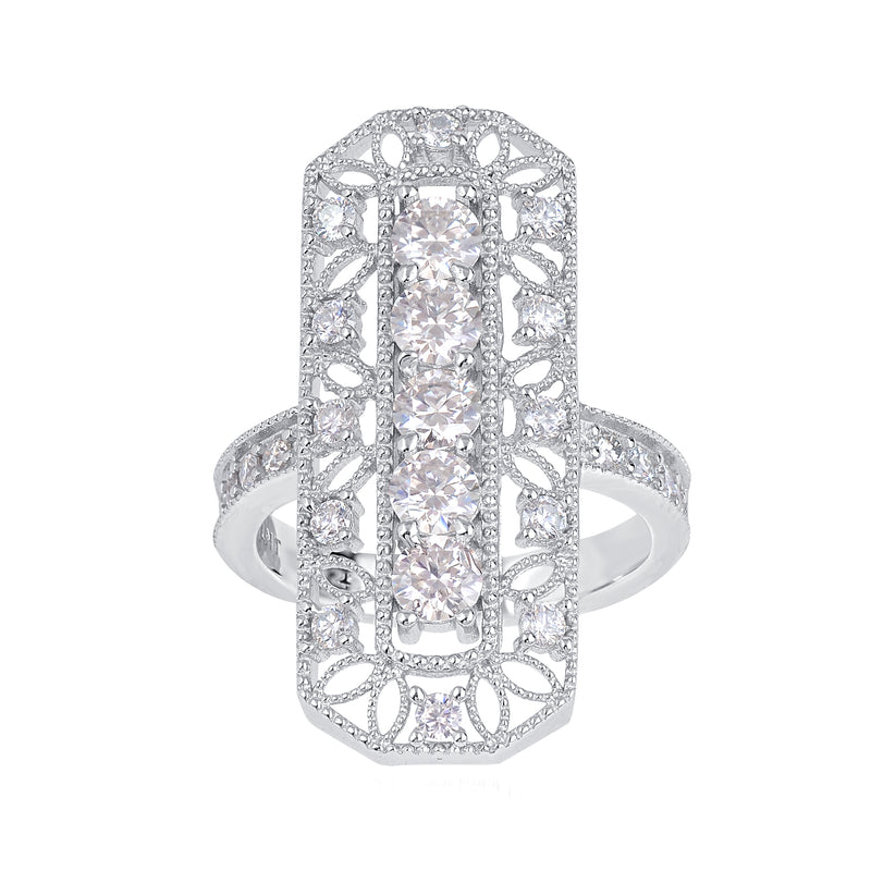 Sterling silver openwork ring with oval moissanite-style center stone, bezel setting