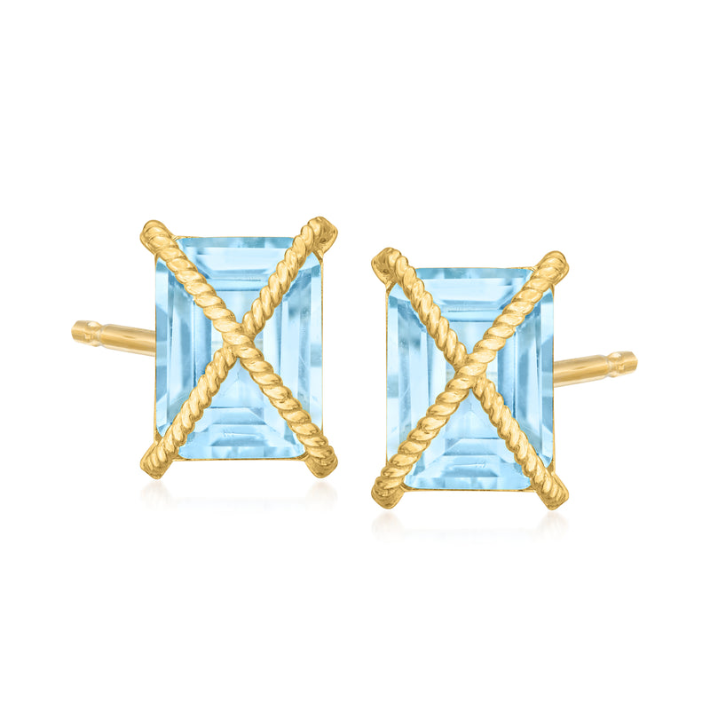 14kt yellow gold stud earrings with roped X setting and sky blue topaz gemstones