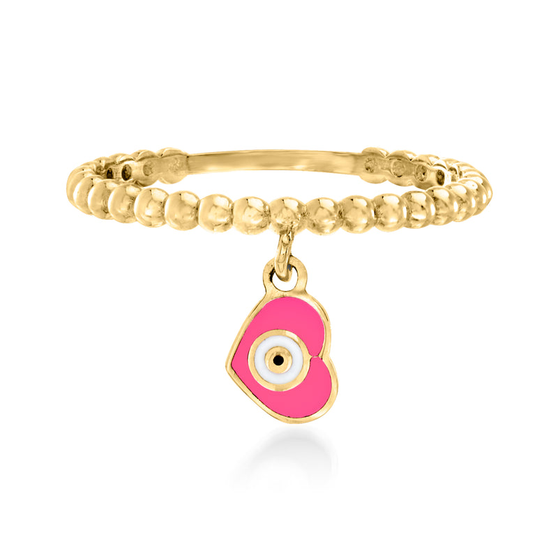 14kt yellow gold evil eye heart enamel ring, pink and white multicolor charm