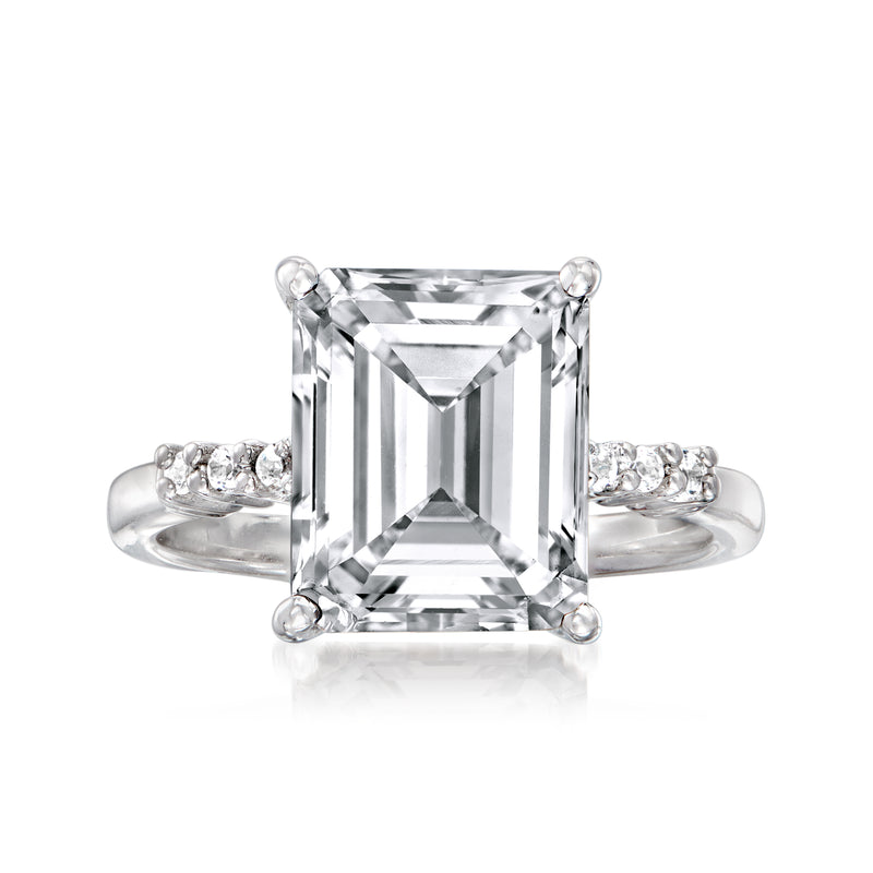 Sterling silver topaz ring with large square-cut white stone, side pave accents