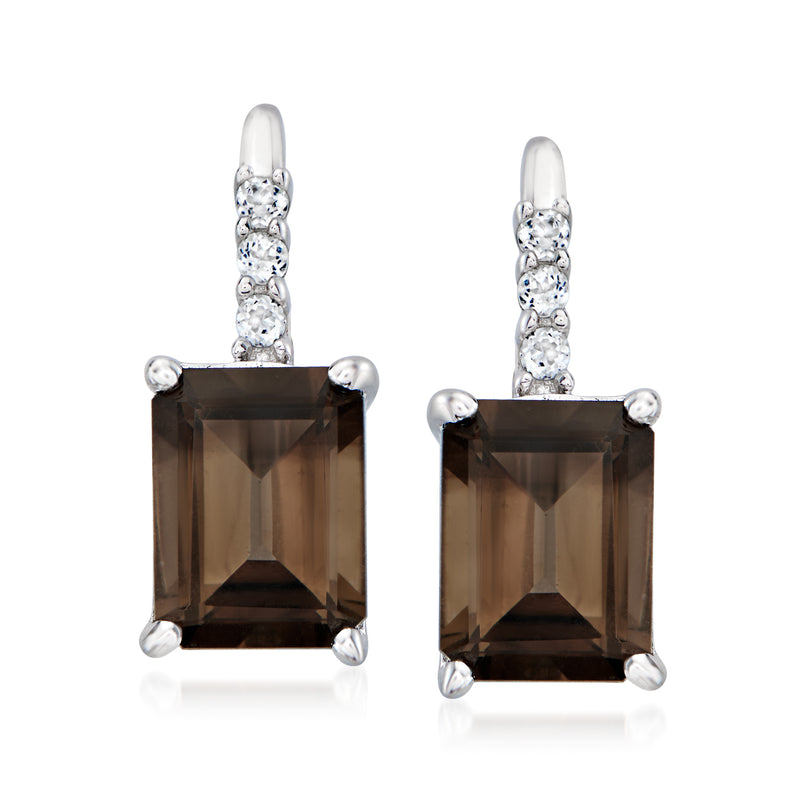 Smoky quartz square drop earrings in sterling silver with white topaz accents
