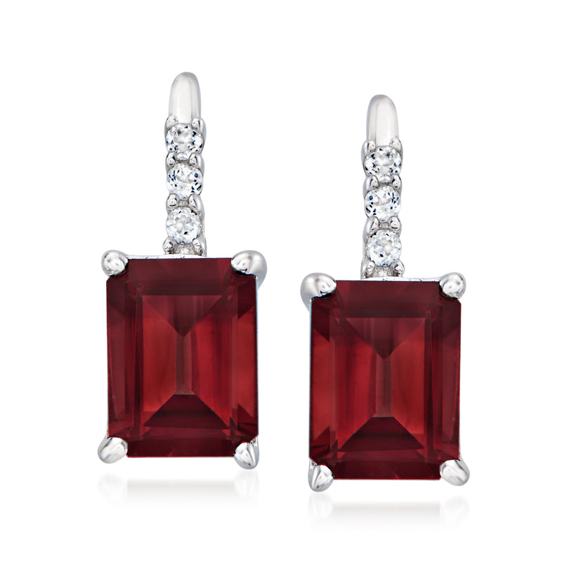 Sterling silver drop earrings with red garnet square and white topaz accents