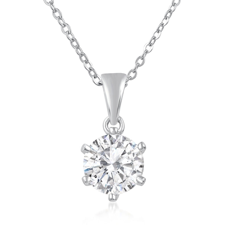 Sterling silver moissanite pendant necklace with round prong-set stone, cable chain.