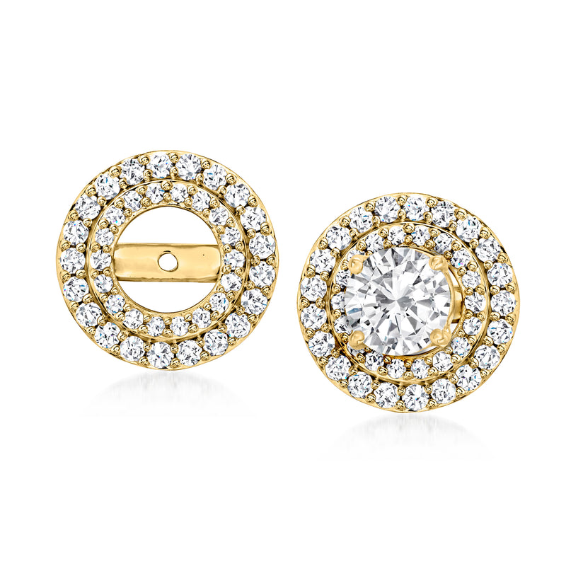 Round diamond halo earring jacket set in 14kt yellow gold with clear stones