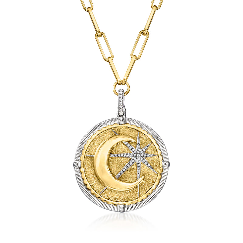 Two-tone sterling silver moon and star pendant necklace with round gold-tone medallion