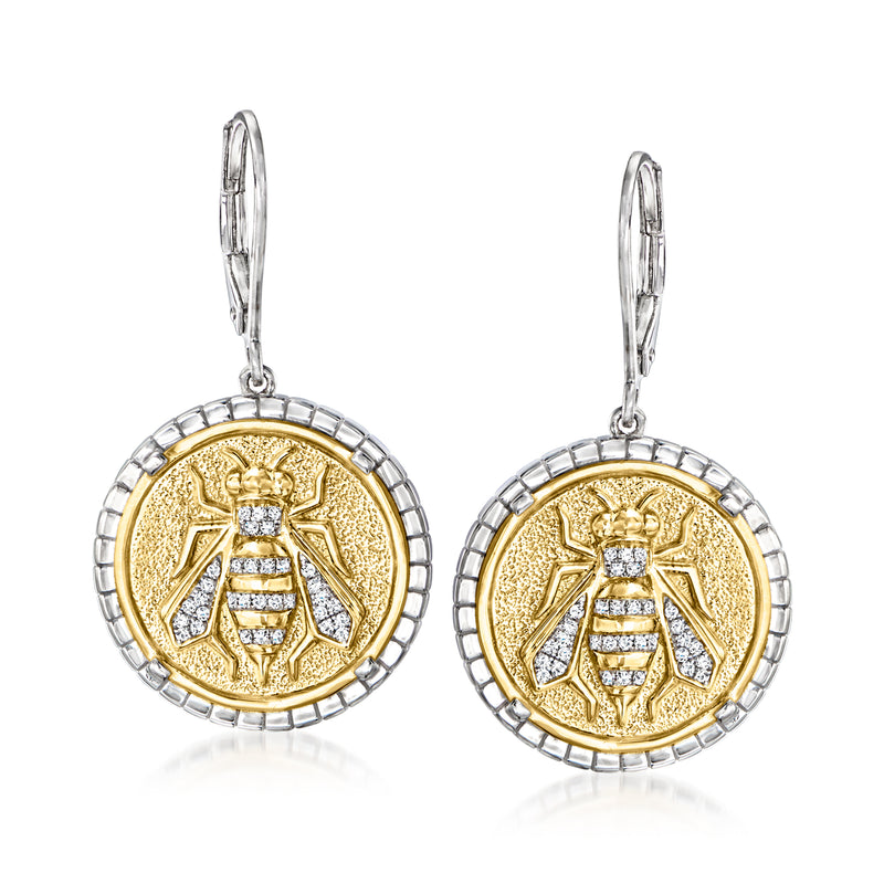 Two-tone bee drop earrings in sterling silver with leverback hooks and sparkle accents
