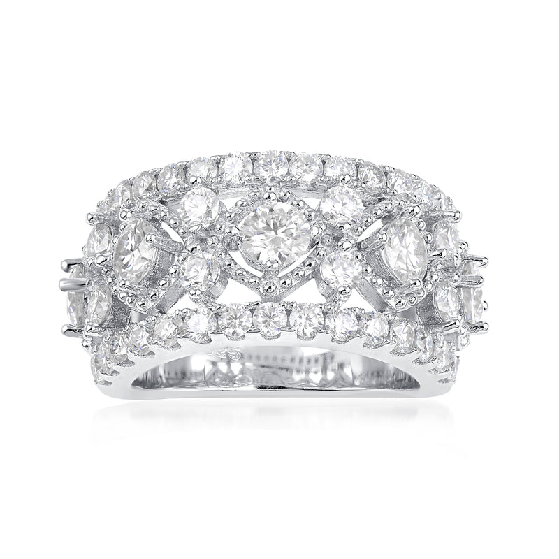 Sterling silver moissanite ring with clustered round and pear-cut stones