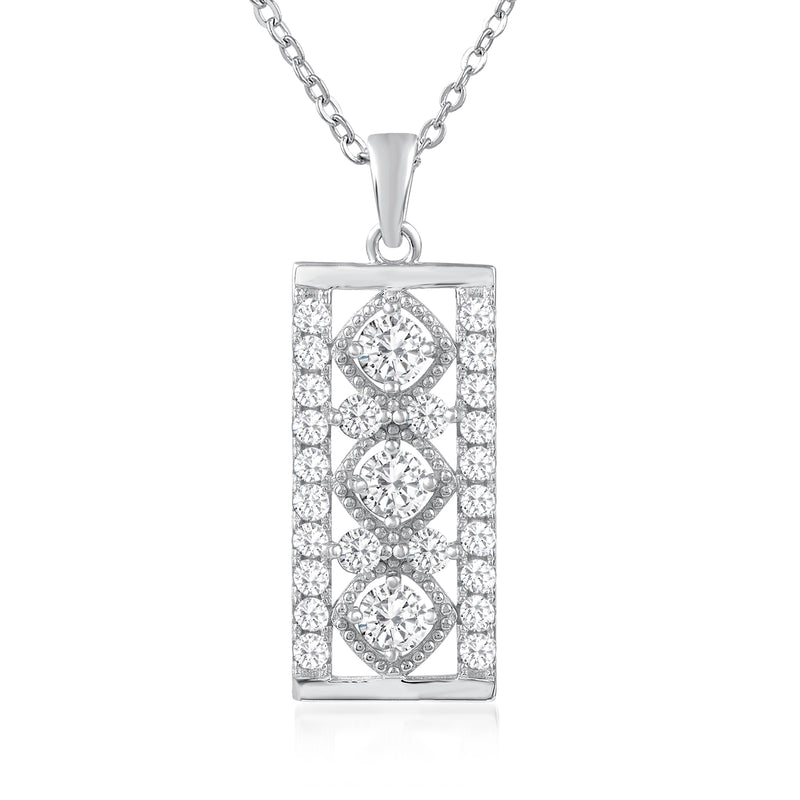 Sterling silver moissanite pendant necklace with rectangular frame and three round stones