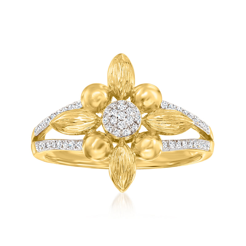 18kt gold over sterling diamond flower ring with round center stone and pave accents