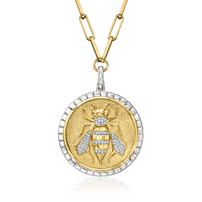 Two-tone sterling silver necklace with round diamond bee medallion pendant