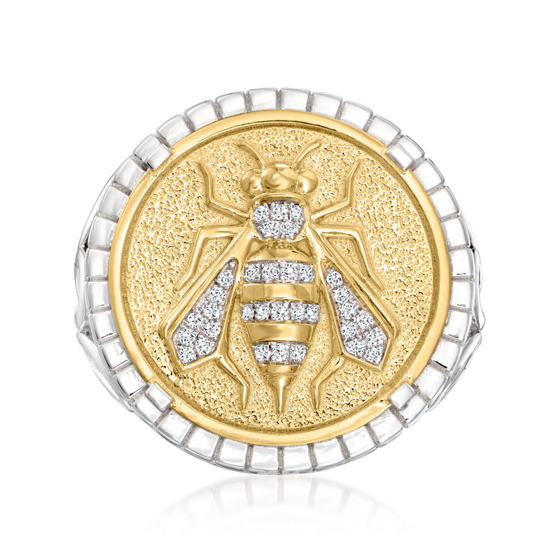 Two-tone sterling silver bumblebee medallion ring with diamond accents
