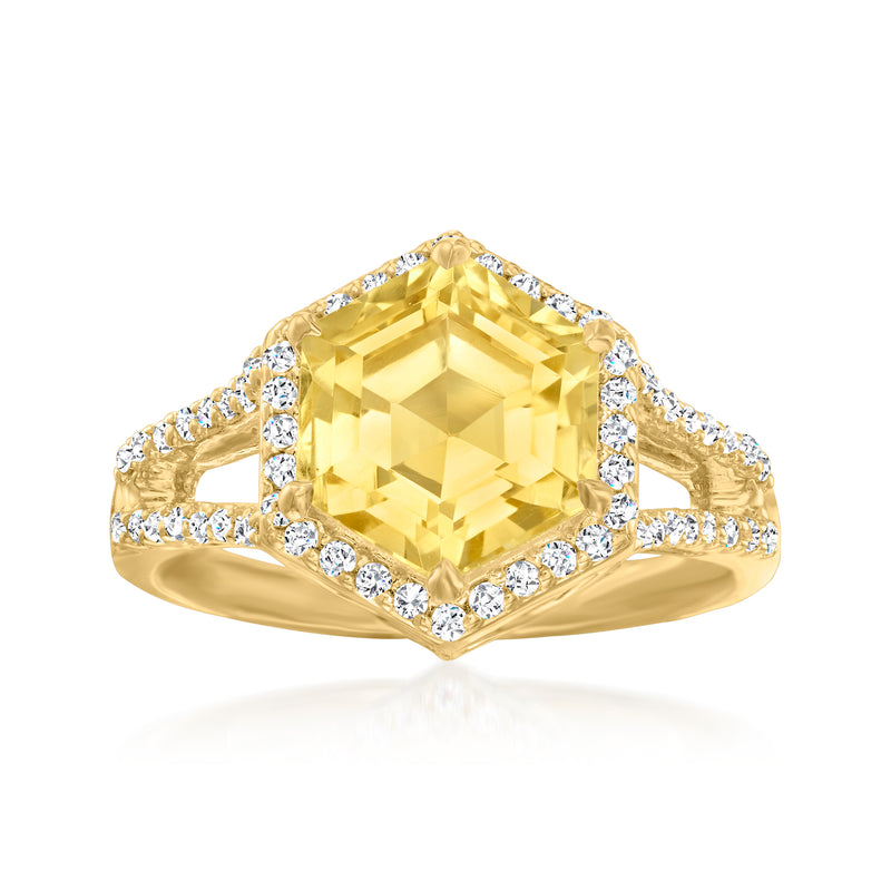 Gold over sterling ring with large square-cut citrine and white topaz halo accents