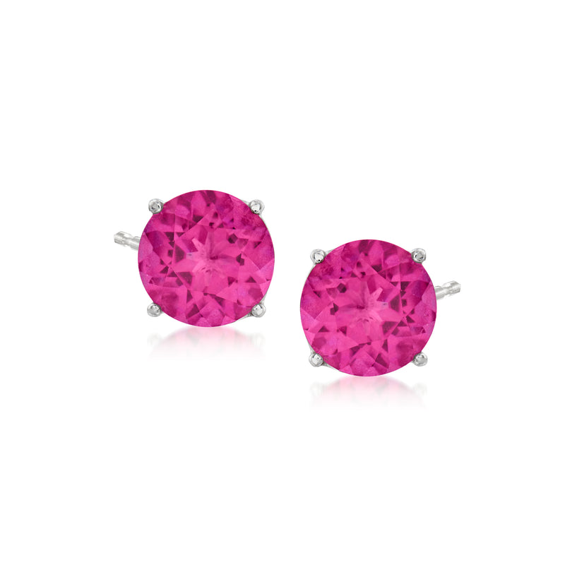 Sterling silver stud earrings with round pink topaz gemstones and prong settings
