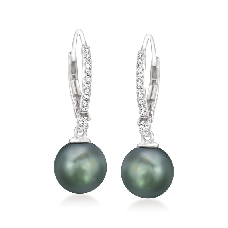 Drop earrings with dark green Tahitian pearl, diamond halo accents, 14kt white gold leverback
