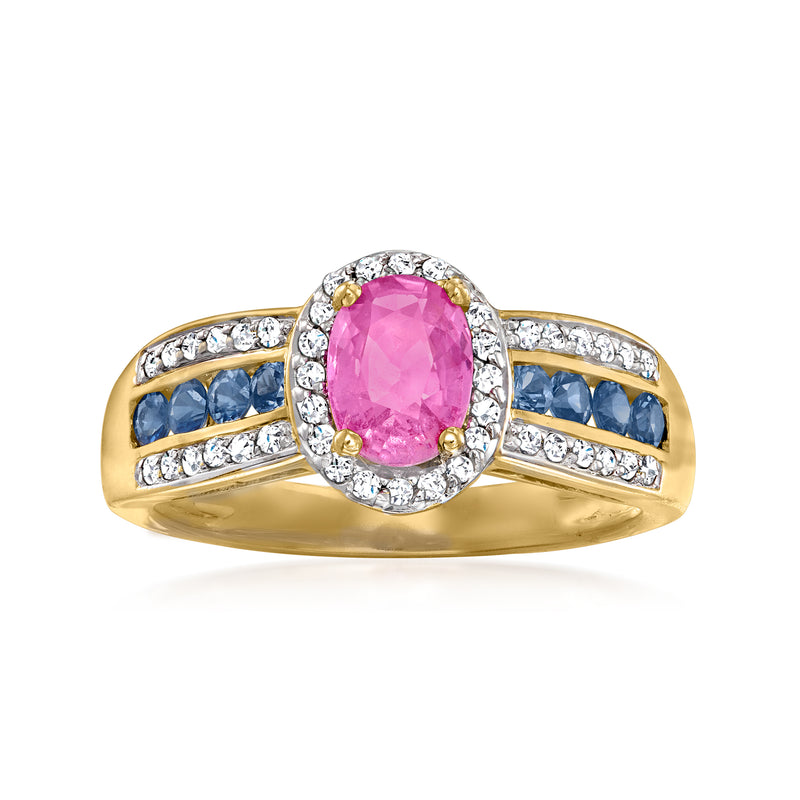 14kt yellow gold ring with oval pink sapphire center, blue sapphires and diamond accents