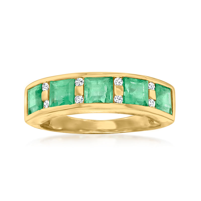 14kt yellow gold emerald ring with channel-set green stones and white diamond accents