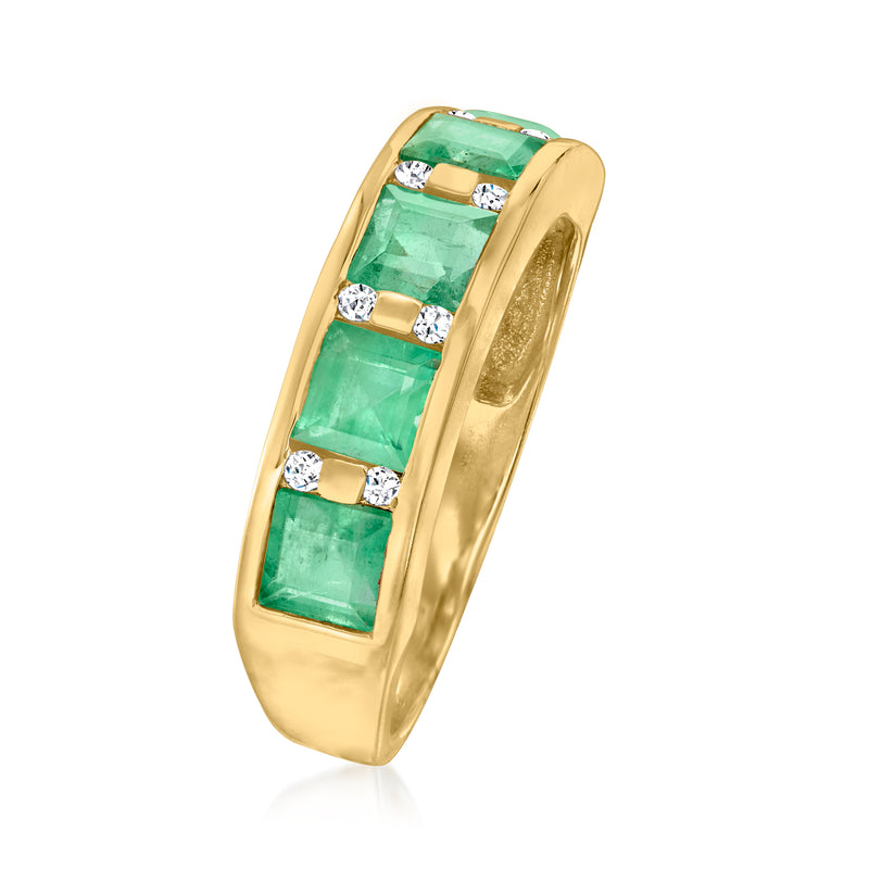 14kt yellow gold emerald and diamond band ring with green channel-set stones and bezel-set diamonds
