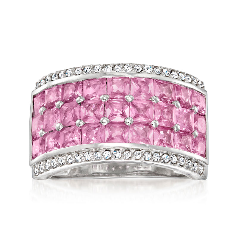 Platinum pink sapphire band ring with round white diamonds in two rows