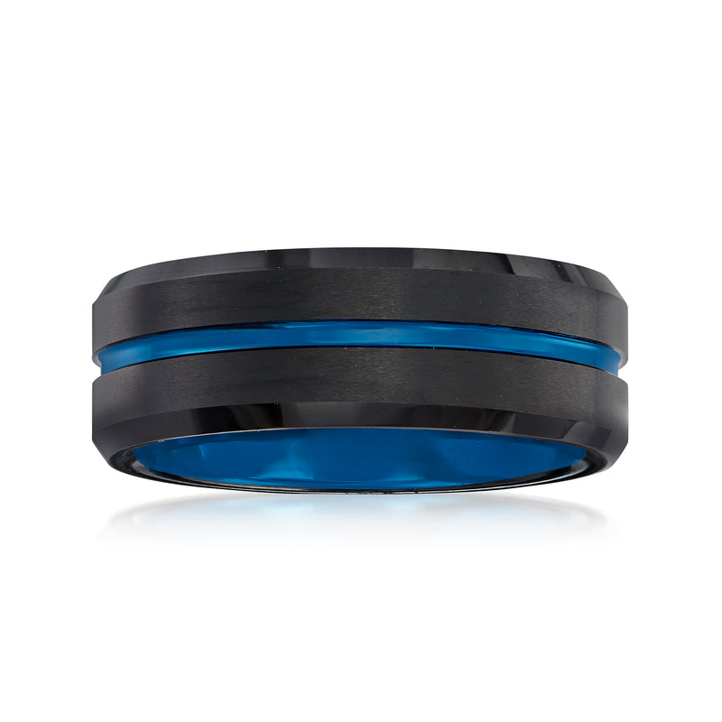 Men's 8mm black tungsten carbide ring with blue inlay