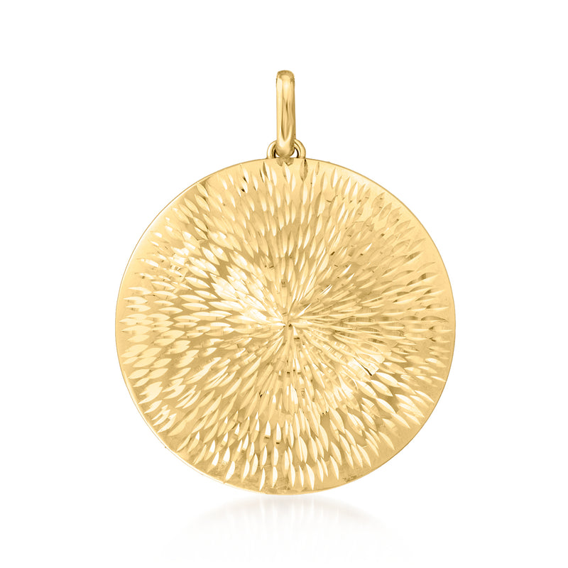 14kt yellow gold sunburst medallion pendant with round radiant textured disc