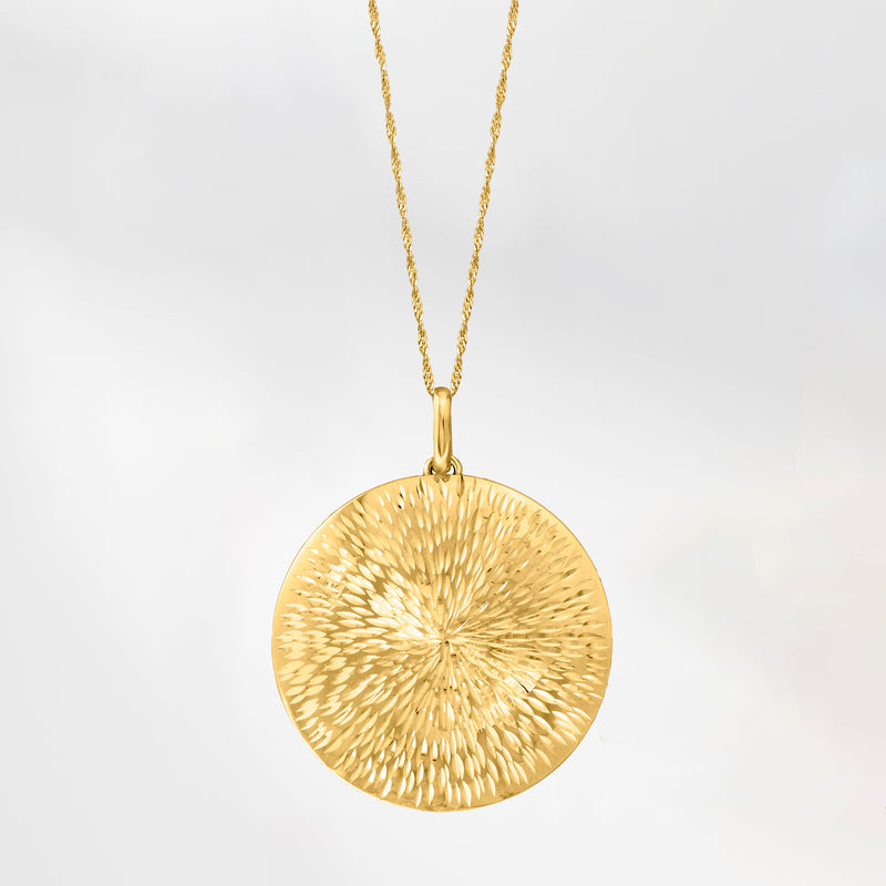 Round 14kt yellow gold sunburst pendant on thin chain with open bail