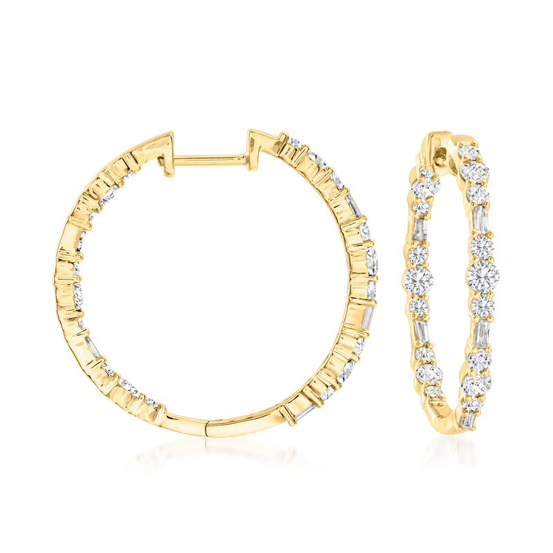 14kt yellow gold diamond hoop earrings with baguette and round inside-outside design
