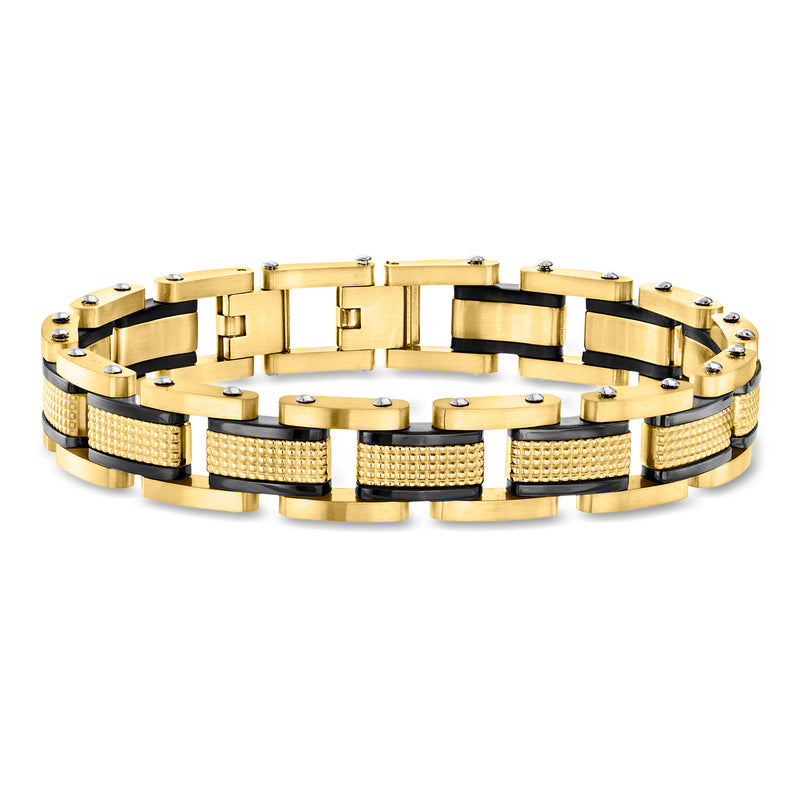 Gold-plated link bracelet with rectangular textured insets, alternating dark and gold