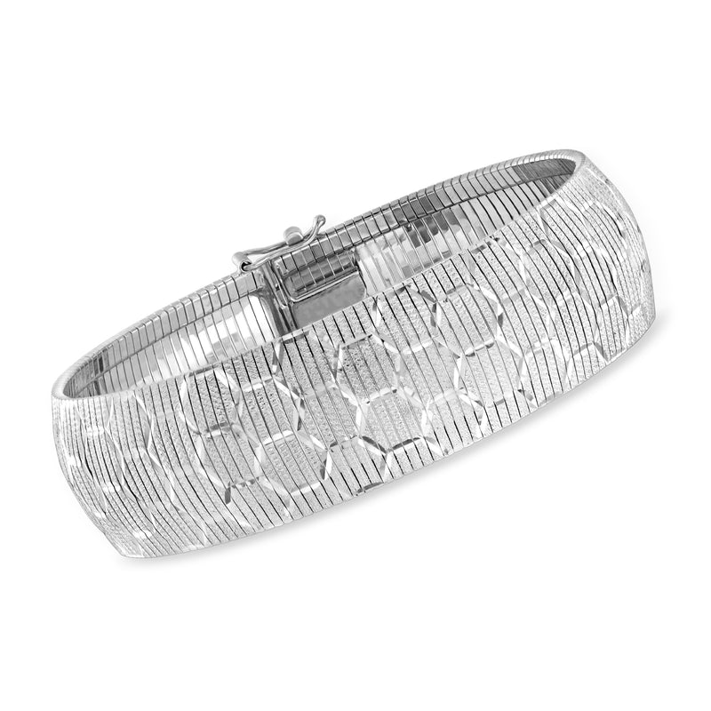 Sterling silver omega bracelet with honeycomb-pattern cuff and hinged clasp