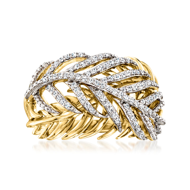 18kt gold over sterling diamond feather ring with pave stones, curved band