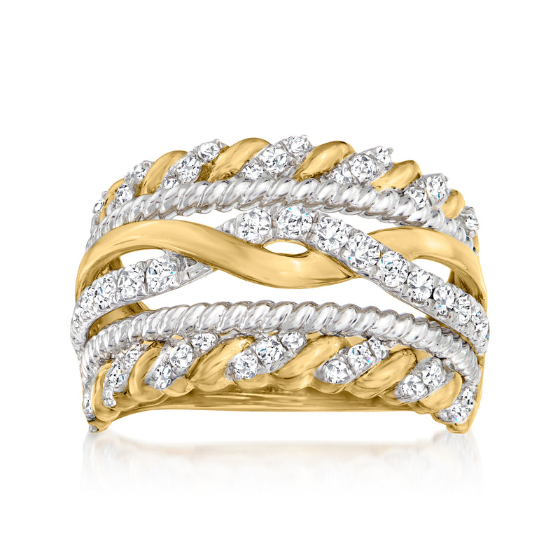 Two-tone gold twisted multi-row diamond band ring with polished yellow and white gold