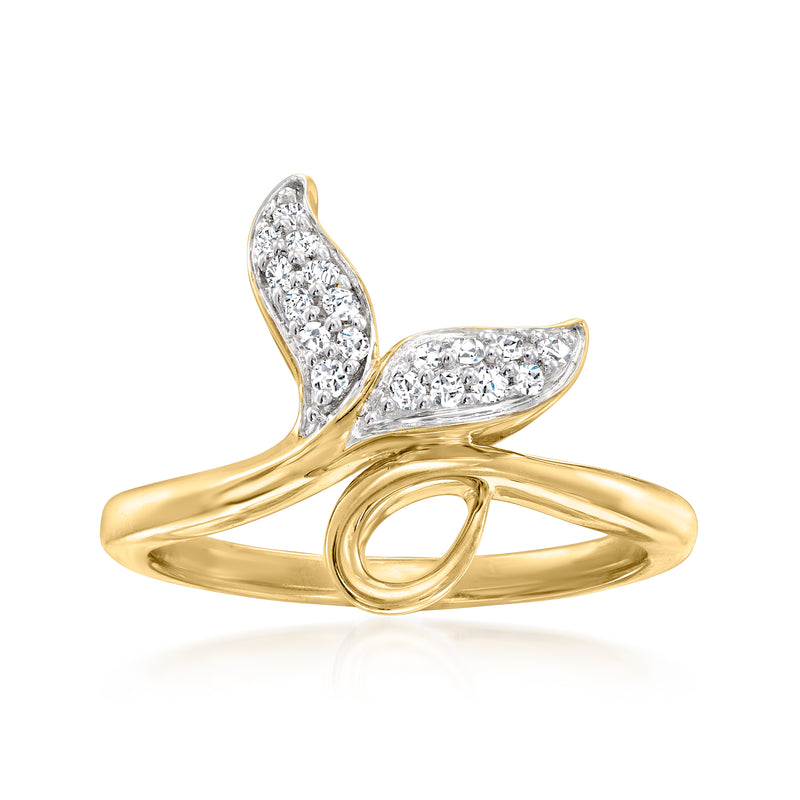 Gold whale-tail diamond ring with split band and clustered clear stones