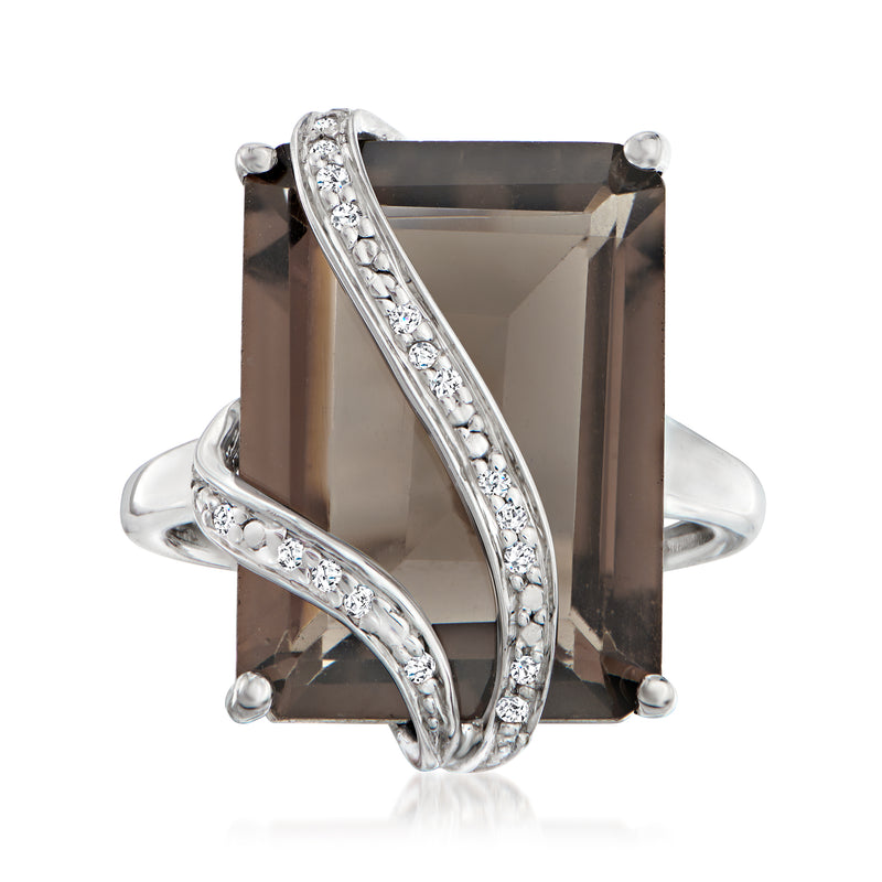 Sterling silver ring with rectangular smoky quartz and pavé swirl accents