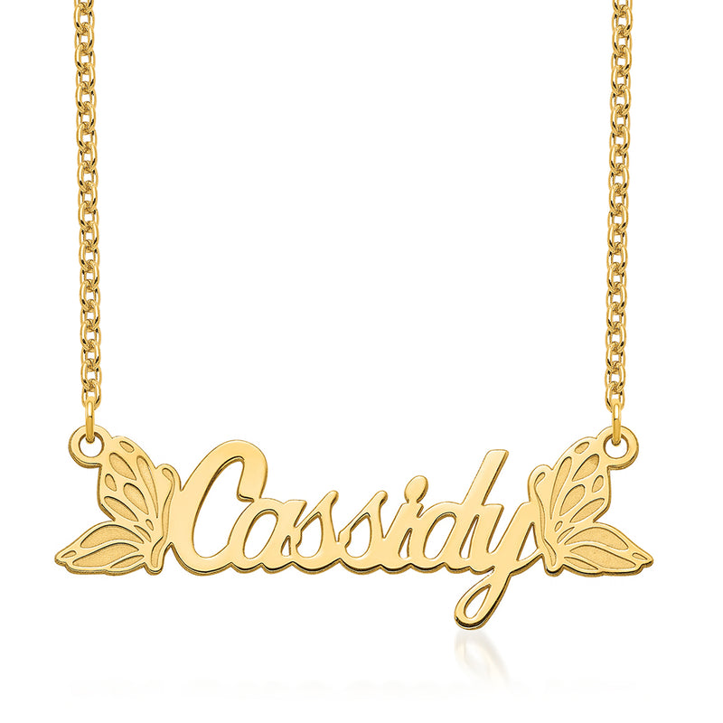 14kt yellow gold name pendant necklace with cursive Cassidy and butterfly accents