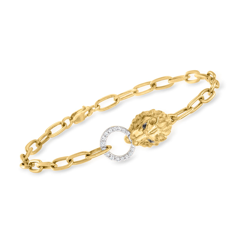 18kt gold over sterling link bracelet with lion head charm and round diamond ring accents