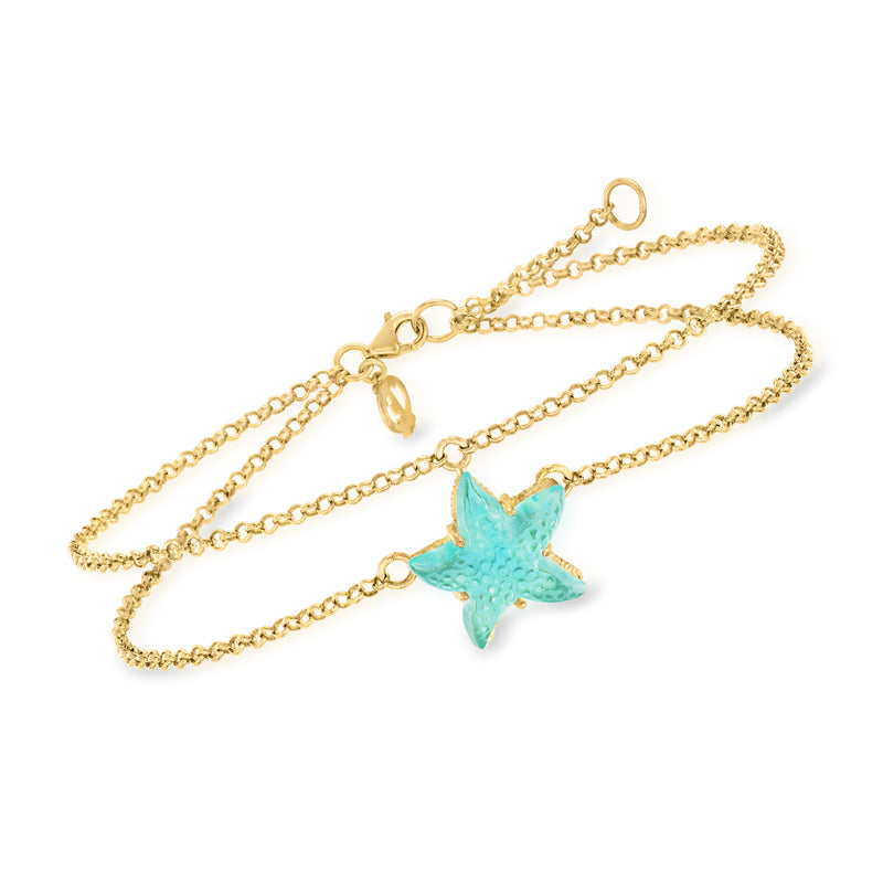 Layered gold-tone chain anklet with light blue starfish glass charm and clasp