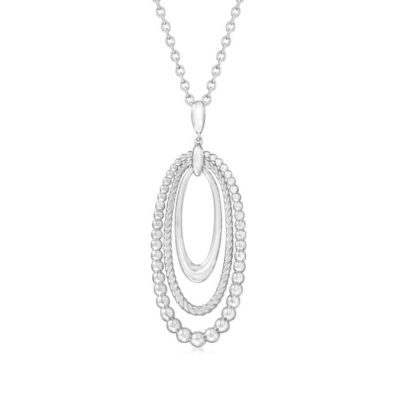 Sterling silver triple oval pendant necklace with beaded oval frame