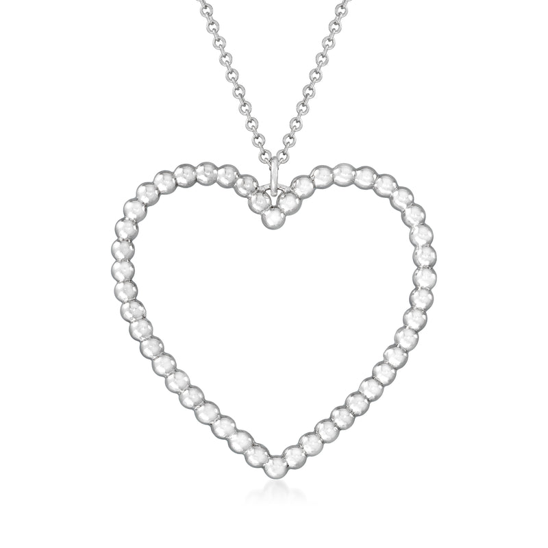 Sterling silver open heart pendant necklace with beaded heart bezel on link chain